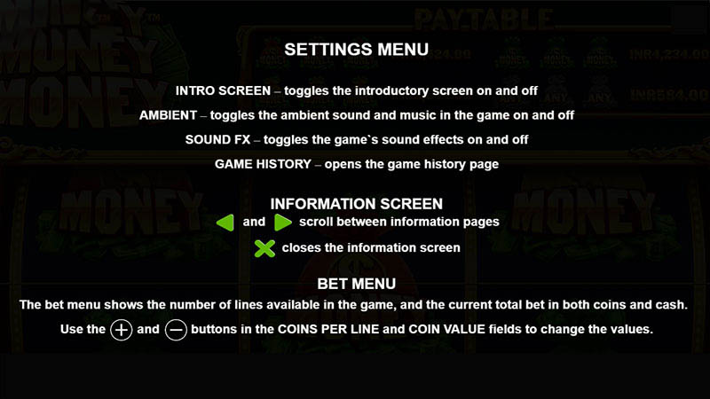PP マネー マネー マネー スロット マシン メイン ゲーム インターフェイス - Settings Menu